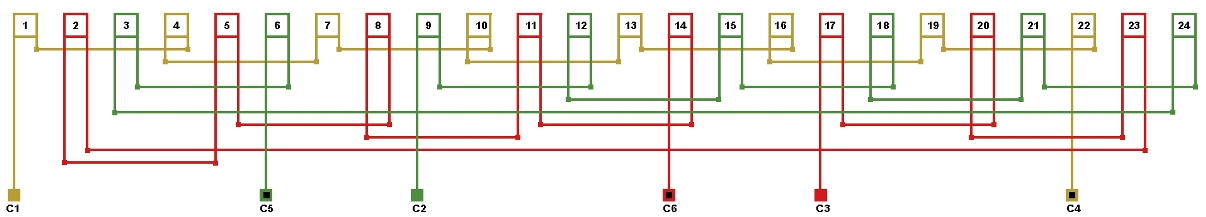 Схема соединений двухслойной обмотки электродвигателя 750 об. мин. 2p=8, количество параллельных ветвей: а=1